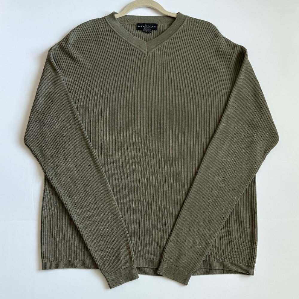 Baracuta Mens Silk Cotton Sweater Sz XL Green Long Sleeve Pullover Ribbed V Neck